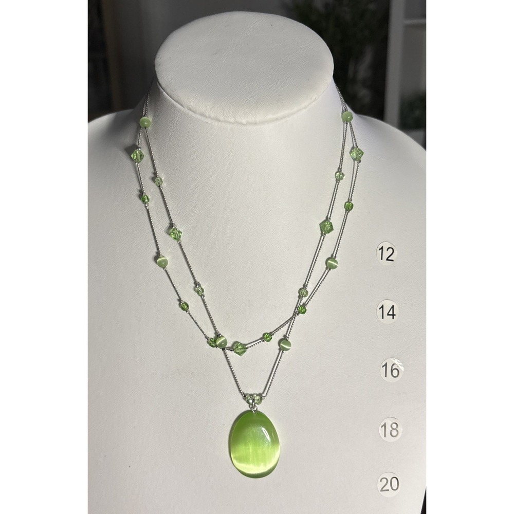 Green Cat Eye Glass Pendant Necklace Double Strand Silver Tone Beaded Y2K